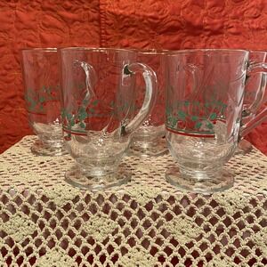 Libbey Christmas Holly and Ribbon Irish Coffee or Tea Glass Mug Cup Set of‎ 5